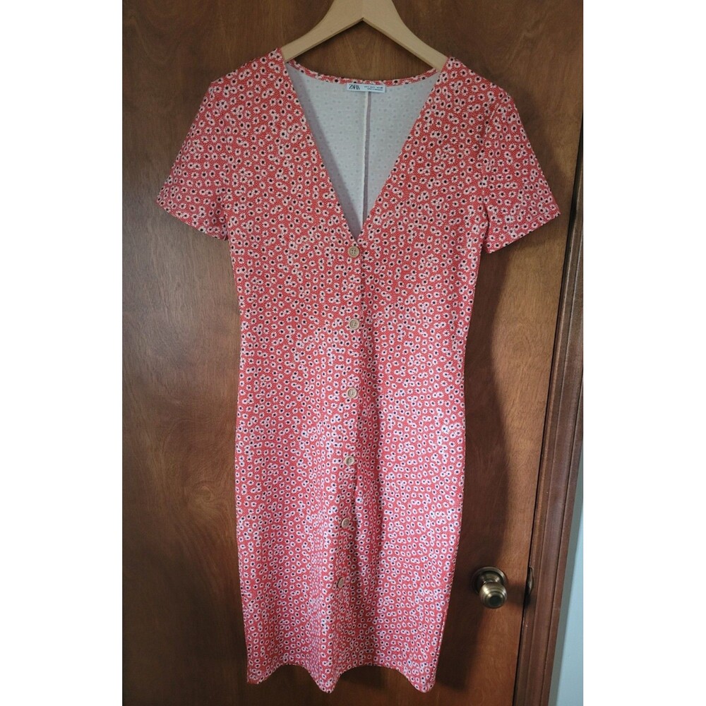 Zara Womens Daisy Print V-Neck Button Front Stretchy Midi Dress Size Large